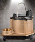 Badass 115 Volt Cast Bronze Submersible Sump Pump With 4 Or 10 Horsepower And 3240 Gallons Per Hour side view on gray background.