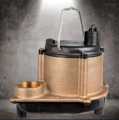Badass 115 Volt Cast Bronze Submersible Sump Pump With 4 Or 10 Horsepower And 3240 Gallons Per Hour side view on gray background.