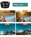 3 In 1 Clip On Phone Lens Kit With 180 Degree Fish Eye, 0.65x Wide Angle And 10x Macro showing before and after wide lens effect images