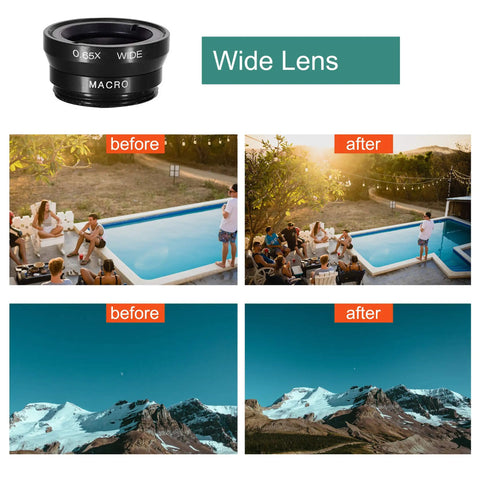 3 In 1 Clip On Phone Lens Kit With 180 Degree Fish Eye, 0.65x Wide Angle And 10x Macro showing before and after wide lens effect images