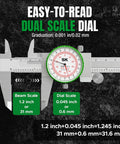 Dial Caliper Measuring Tool With Six Inch Range And Pro Grade Precision To 0.001 Inch (0.03 mm), Dual Reading Display, stainless steel