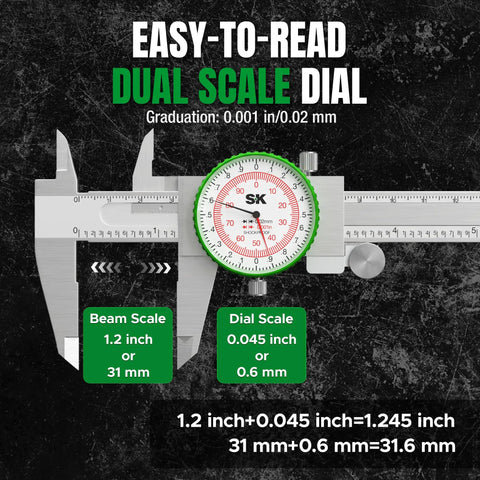 Dial Caliper Measuring Tool With Six Inch Range And Pro Grade Precision To 0.001 Inch (0.03 mm), Dual Reading Display, stainless steel