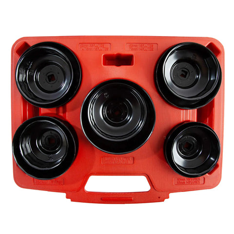 Top view of Ten Piece Cap Style Oil Filter Wrench Set for easy oil changes, featuring five black sockets in red carrying case.