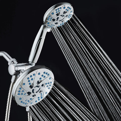 3 In 1 High Pressure Shower System With Rainfall And Handheld Heads, 48 Modes Of Water Flow, chrome finish, water streams visible