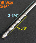 Two Pack Solid Carbide Drill Bits For Hardened Steel With K20 Tungsten Carbide Jobber Length 3/16 Inch size, measurements shown