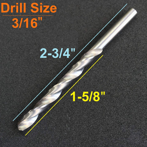 Two Pack Solid Carbide Drill Bits For Hardened Steel With K20 Tungsten Carbide Jobber Length 3/16 Inch size, measurements shown