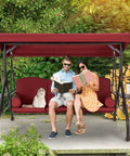 Couple lounging on Three Seat Outdoor Porch Swing With Adjustable Canopy Convertible Patio Swing Bed With Stand Glider Swing in Wine Red