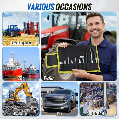 Man holding 9 Piece Grease Gun Couplers Quick Connect Kit with 12 Inch Flex Hose and Roll Up Case for various equipment use
