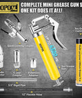 Complete Mini Grease Gun Kit with 4500 PSI Power, Garage Ready, Double Handle, 6 Jaw Locking Coupler, 3 Oz Cartridge, Hose