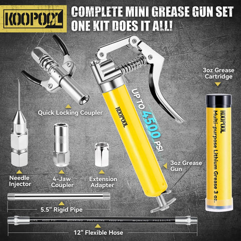 Complete Mini Grease Gun Kit with 4500 PSI Power, Garage Ready, Double Handle, 6 Jaw Locking Coupler, 3 Oz Cartridge, Hose