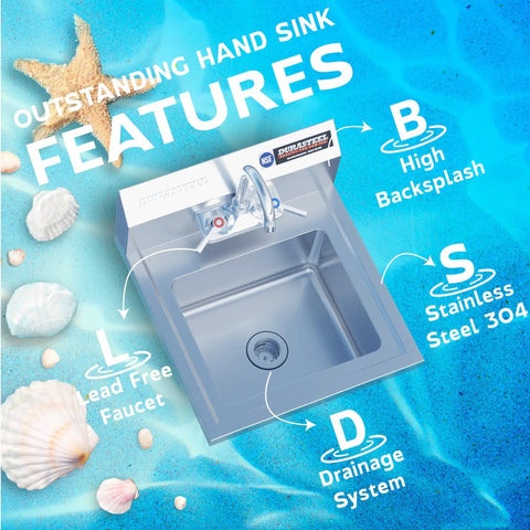 Image of Stainless Steel Wall Mount Hand Sink for Commercial Kitchens and Laundries, 12 By 10 Inch Basin With 5.5 Inch Depth.