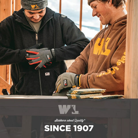Two men wearing winter work gear, discussing construction plans, focus on Hardworking Insulated Synthetic Leather Winter Work Gloves For Men