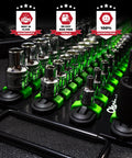 Grab And Go Portable Socket Organizer Tray With Black Rails And Green Clips That Holds Eighty Sockets neatly arranged