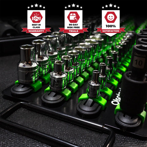 Grab And Go Portable Socket Organizer Tray With Black Rails And Green Clips That Holds Eighty Sockets neatly arranged