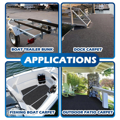 Applications of Ultra Thick 25oz Heavy Duty Boat Trailer Bunk Carpet: boat trailer, dock, fishing boat, outdoor patio.