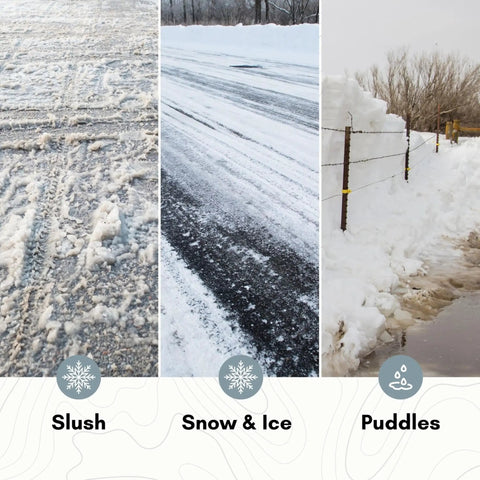 Winter road conditions showing slush, snow, ice, and puddles for Expandable Insulated Overboots With Threaded Outsole For Everyday Footwear, 2XL.
