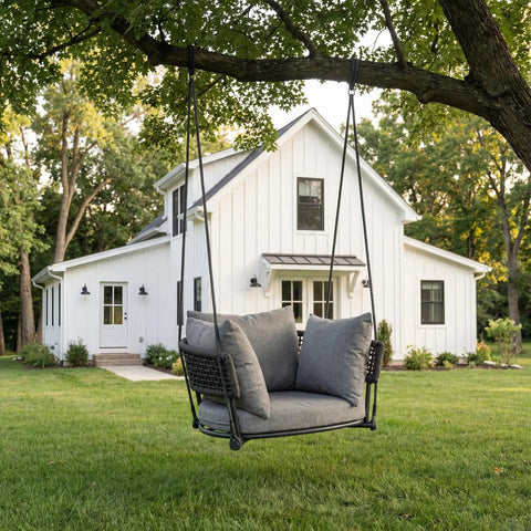Single Seater Porch Swing Chair With 106 Inch Adjustable Rope For Height Boho Macrame Hanging Hammock Chair in grey, outdoor view