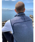 Back view of Mens Fleece Vest With Mock Neck Full Zip In Heather Knit Fleece Blue, Contrast Tape At Collar And Hem For Modern Edge, Size XX-Large US