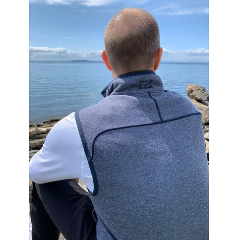 Back view of Mens Fleece Vest With Mock Neck Full Zip In Heather Knit Fleece Blue, Contrast Tape At Collar And Hem For Modern Edge, Size XX-Large US