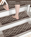 Non Slip Stair Treads Carpet Mats For Wooden Steps 10pcs Indoor Stair Runners With Polyester Fabric And TPE Backing Black Rhombus Design For Kids And Pets on stairs