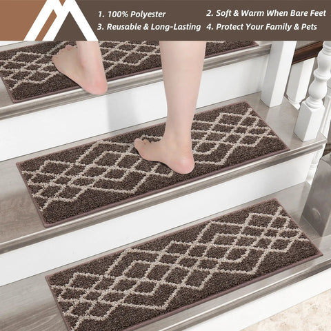 Non Slip Stair Treads Carpet Mats For Wooden Steps 10pcs Indoor Stair Runners With Polyester Fabric And TPE Backing Black Rhombus Design For Kids And Pets on stairs