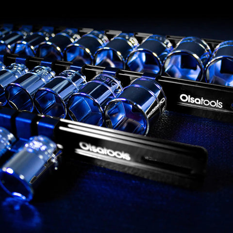Half Inch Drive Socket Organizer Rail That Holds Sixteen Sockets For Impact Or Chrome Sets, black aluminum holder, close-up view