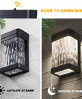 Day and night view of Lit LED Porch Light Dusk To Dawn Wall Sconce with bubble glass and auto sensors on exterior wall