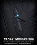 Close-up of Mens Winter Jacket Waterproof Snow Coat With Fleece Lining showing black waterproof zipper detail with raindrops.