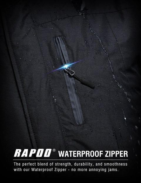 Close-up of Mens Winter Jacket Waterproof Snow Coat With Fleece Lining showing black waterproof zipper detail with raindrops.