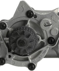 Premium Direct Fit Water Pump With Standard Rotation And Dual Outlet Timing Belt Driven Engine Replacement top view showing dual outlet design and back housing.