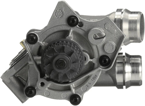 Premium Direct Fit Water Pump With Standard Rotation And Dual Outlet Timing Belt Driven Engine Replacement top view showing dual outlet design and back housing.