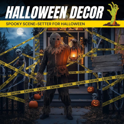 Halloween scene with scarecrow surrounded by bright yellow caution tape, pumpkins, and spooky decor for safety and decoration.