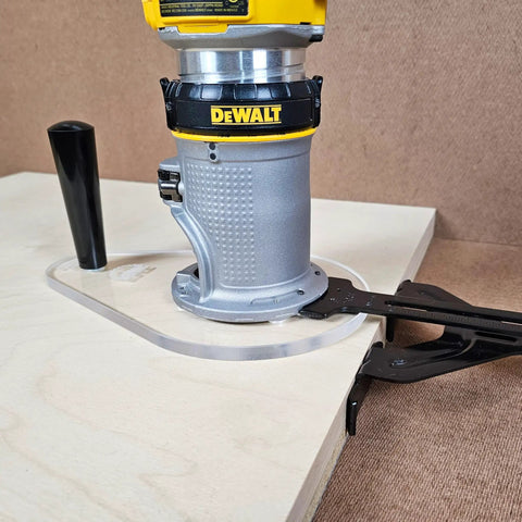 6X9 Router Base Plate In Clear Acrylic Sets A Dead On Fit For Dewalt Dwp611 And DCW600B with router on wood.