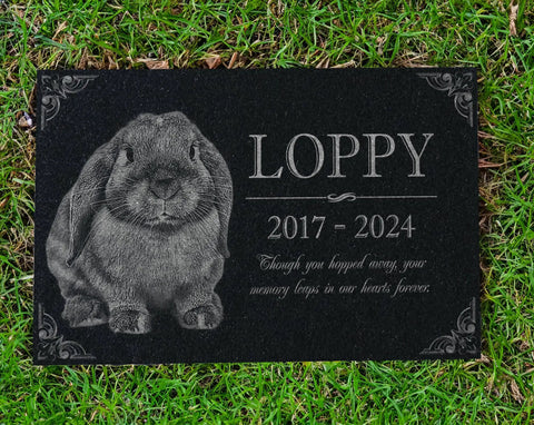 Custom Rabbit Memorial Stone For Outdoor Gardens And Gravesite with engraved bunny image and text on black granite
