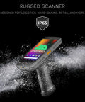 Rugged Pistol Grip Barcode Scanner With 2D 1D And QR Reading, Android 13 ready, showing water resistance and durability.