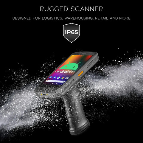 Rugged Pistol Grip Barcode Scanner With 2D 1D And QR Reading, Android 13 ready, showing water resistance and durability.