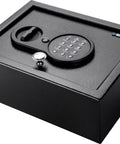 Top Opening Keypad Safe With Silent Mode For Home Or Office Compact Digital Security Box In Solid Steel With Anti Pry Hinges Drawer Safe For Jewelry And Valuables In Wall Mount Hidden Safe top view showing keypad and lock.
