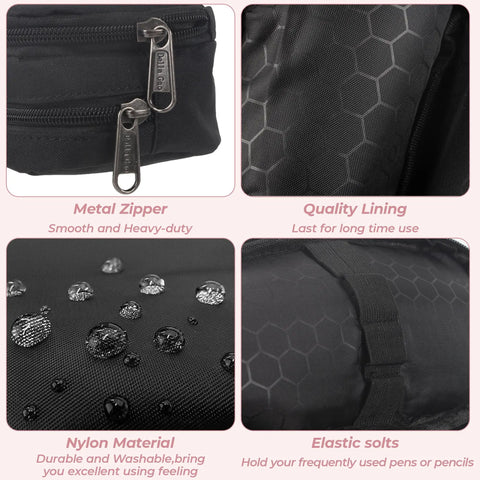 Close-up of Massive Capacity Pencil Case With Dual Compartments And Zipper showing metal zipper, lining, nylon material, and elastic slots.