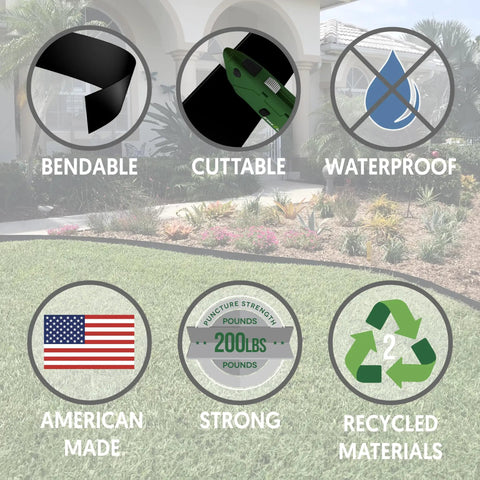 Infographic showing features of Deep Landscape Edging System With Ten Inch Depth And Fifty Feet Run For Grass Root Barrier Pro Grade Yard Border