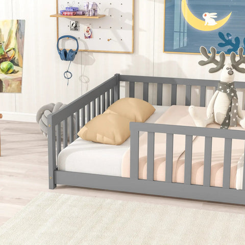 Full Floor Bed With Safety Guard Rails In Grey, Rubber Wood Low Profile Platform Frame For Kids, Super Solid Wood Sleep Setup With Enclosed Perimeter Rails And Eco Friendly Finish featuring plush toys and cushions
