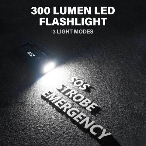 300 Lumen LED flashlight with SOS, strobe, emergency modes on Powerful 2500A Jump Starter With Air Compressor And Tire Inflator