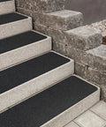 Black stair steps with 12 Pack 6 By 30 Inch Pre Cut Stair Treads With Heavy Duty Adhesive Non Slip Rubber Traction Strips For Outdoor Stairs