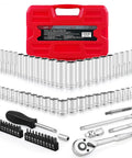 75 Piece One Quarter Inch Drive Impact Socket Set With Ratchet Extensions And Universal Joint Pro Grade Quality For Home DIY And Shop Use Deep And Shallow SAE And Metric Sockets From Four To Fourteen Millimeters And Five Thirty Second To Nine Sixteenth shown in red carrying case with components displayed