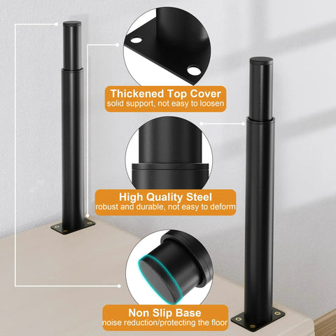 Beefy Adjustable Furniture Legs 10 To 17 Inches Heavy Duty Replacement Feet For Bed Sofa Dresser Chair TV Stand And Coffee Table Supports Up To 661 Lbs Set Of 4 Black showing top cover, steel body, and non-slip base
