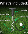 Game Changing Golf Training Aid For Home Use With Pro Grade Swing Trainer And Essentials showing handle, metal anchor, nylon rope, and golf ball.