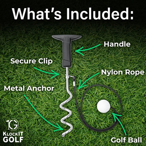 Game Changing Golf Training Aid For Home Use With Pro Grade Swing Trainer And Essentials showing handle, metal anchor, nylon rope, and golf ball.