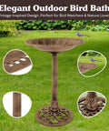 Antique Scroll Bird Bath with weather resistant resin in bronze finish, includes 3 ground stakes, vintage garden decor