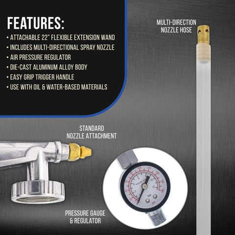 Heavy Duty Pneumatic Undercoating Spray Gun With Precision Regulator And 22 Inch Flexible Extension Wand features air pressure regulator and nozzle.