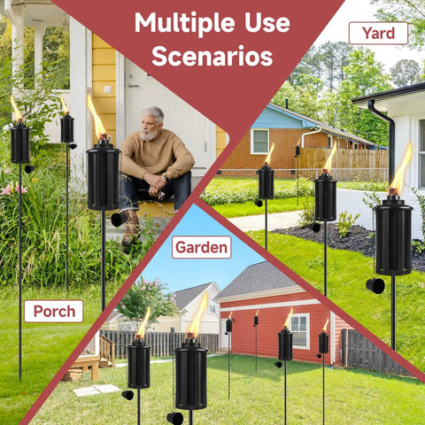 Citronella Outdoor Torches Set of 6 with 16 Ounce Fuel, 58 Inch Black Garden Lanterns displayed in various outdoor settings.