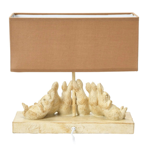 Whitewashed Rabbit Table Lamp With Sand Colored Linen Shade Cute Bunny Night Light For Farmhouse Nursery And Woodland Decor Cozy Bedroom Accent With Six Sleeping Baby Bunnies At The Base.
